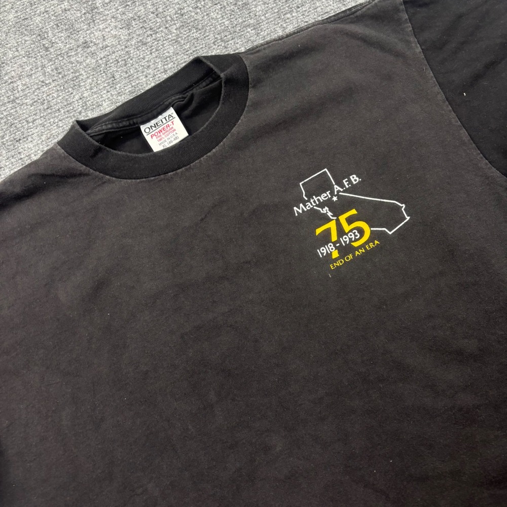 Oneita‎ T-Shirt XL Black Vintage 1993 Mather AFB T43 Graphic Short Sleeve Men's